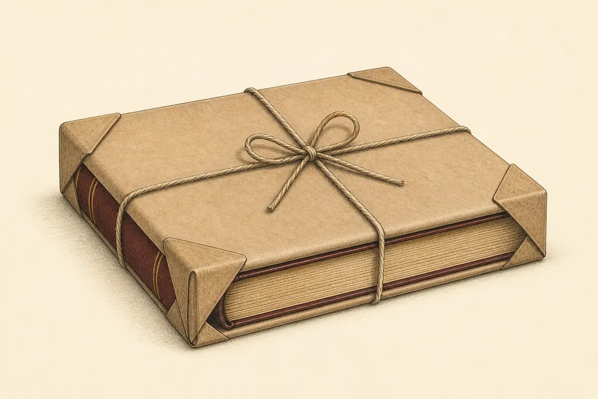 Engraved illustration of a hardcover book wrapped in kraft paper with twine and protected corners