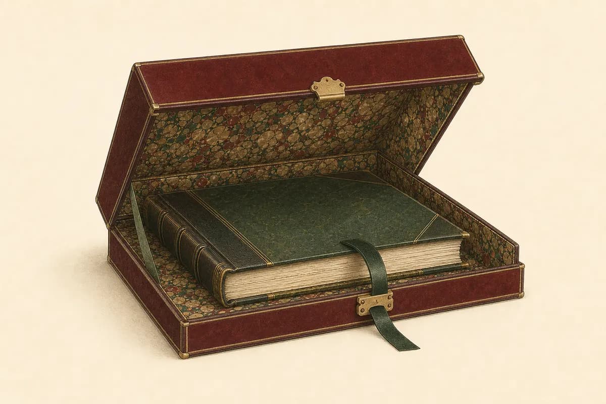 Engraved illustration of an open clamshell solander box with a fine-press book resting inside