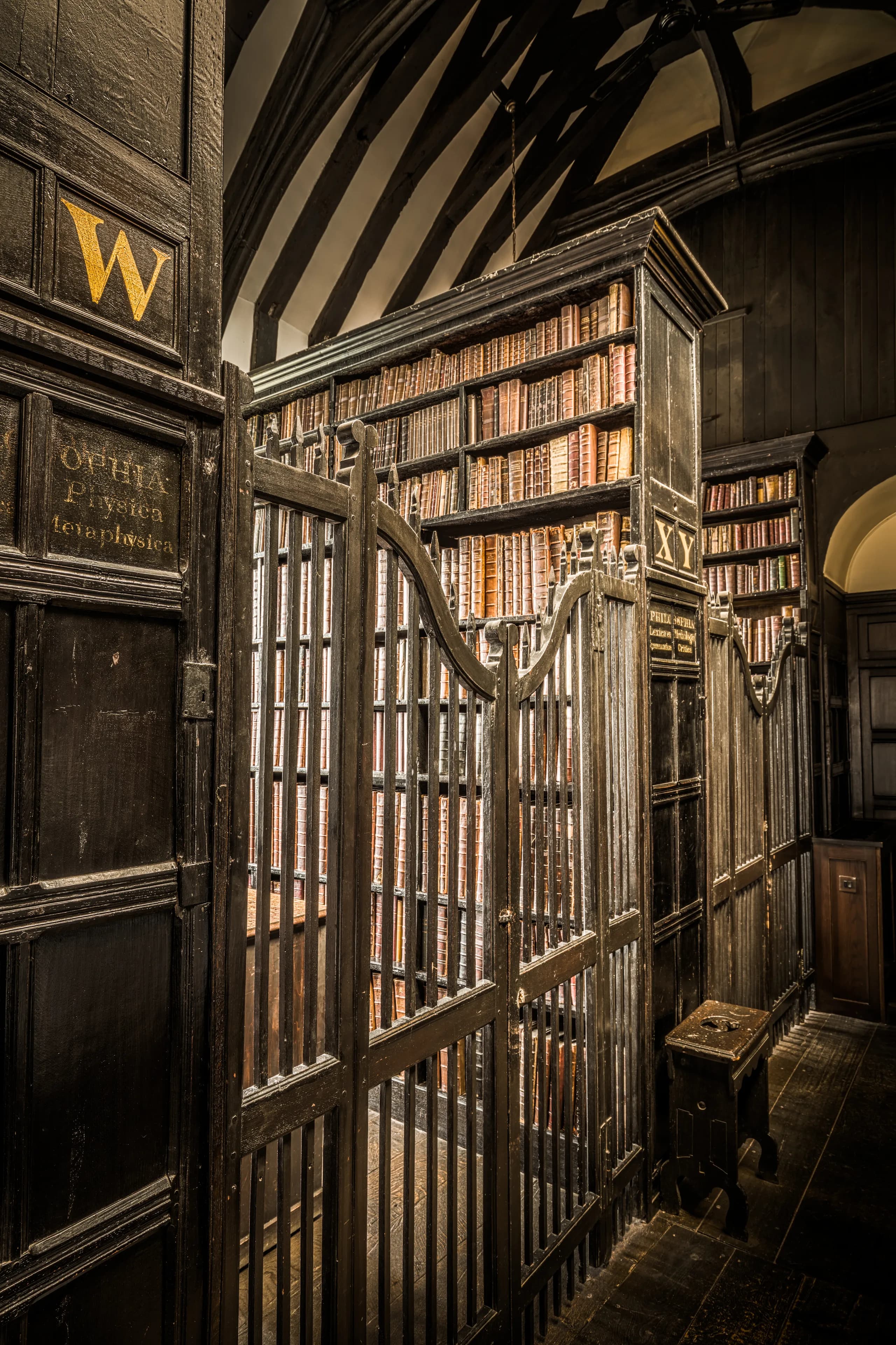 Hushed historic library bookshelf